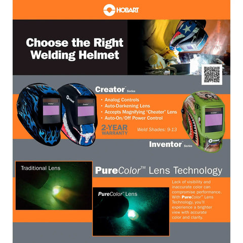 Display of auto-darkening welding helmet with three independent arc sensors, showing various styles and PureColor lens technology.