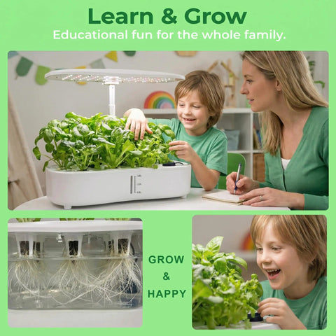 A family using the Smart Soilless Indoor Garden System With 12 Pods Hydroponics Kit Grow Herbs Year Round With 24W Full Spectrum LED Lights