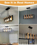 Antique Wood Chandelier For Kitchen Island With 4 Lights, 31.5 Inch Rectangular Pendant in Black Rustic Farmhouse Style in real homes