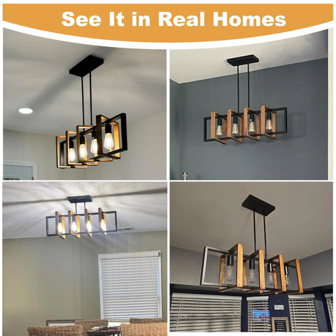 Antique Wood Chandelier For Kitchen Island With 4 Lights, 31.5 Inch Rectangular Pendant in Black Rustic Farmhouse Style in real homes