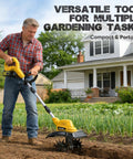 Person using Beast Cordless Tiller Cultivator with 800W motor and 400RPM in garden, compact portable tool.