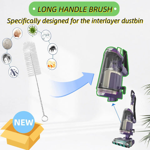 Long handle brush for interlayer dustbin next to upright vacuum cleaner, PowerDetect Compatible Replacement Vacuum Filter Kit.