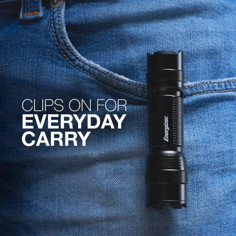 Heavy Duty Tactical LED Flashlight For EDC, Camping And Emergencies clipped onto pocket for easy carry, black aluminum design