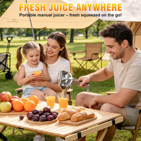 Nisuez Heavy Duty Manual Fruit Juicer Press For Lemons Limes Oranges in use during a family picnic outdoors, extracting juice.