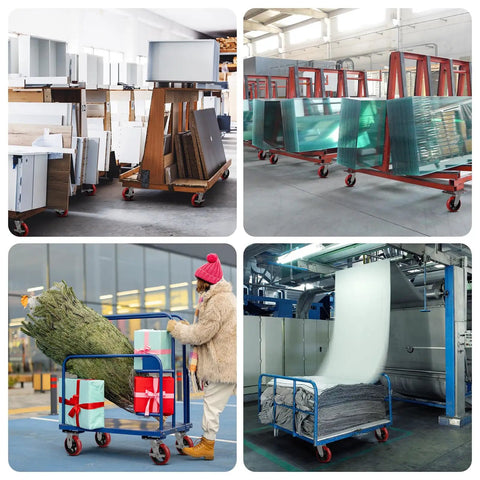 Heavy Duty 8X2 Inch Caster Wheels Set Of 4 With 6000Lb Capacity installed on platform trucks carrying various items
