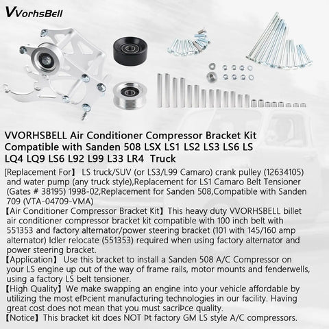 LS Air Conditioner Bracket Kit For Sanden 508L And 709 Fits Camaro LS Engines And Truck Water Pumps Belt Tensioner Compatible