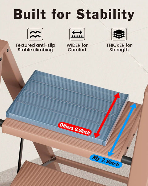 Compact 2 Step Stool Foldable Aluminum Ladder For Home And Garage, ultra-light 7.9-inch wide anti-slip step