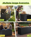 100 Gallon Outdoor Storage Box Waterproof Resin Deck Box used in garden, porch, backyard, and patio settings