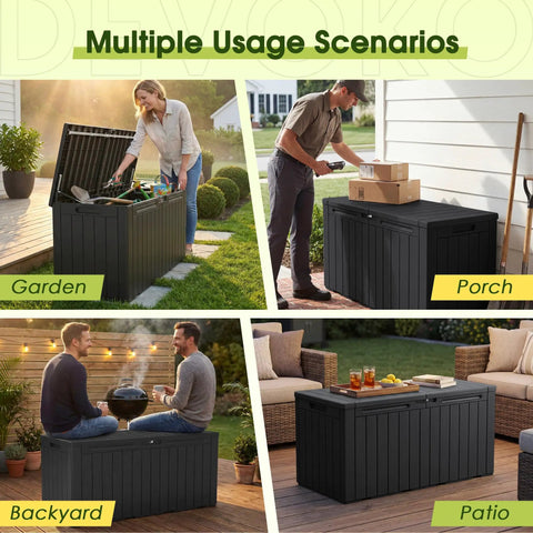 100 Gallon Outdoor Storage Box Waterproof Resin Deck Box used in garden, porch, backyard, and patio settings