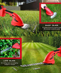 2 Pack Cordless Hedge Trimmer With Battery And Charger, showing blades for grass and shrubs, in a garden setting for trimming.