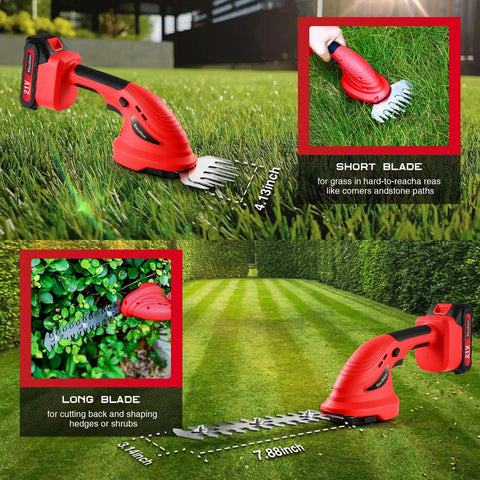 2 Pack Cordless Hedge Trimmer With Battery And Charger, showing blades for grass and shrubs, in a garden setting for trimming.