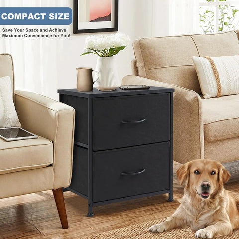 Nightstand With Two Fabric Drawers, Compact Bedside Table For Bedroom Or Dorm Room, 20 Inch Tall End Table in living room.