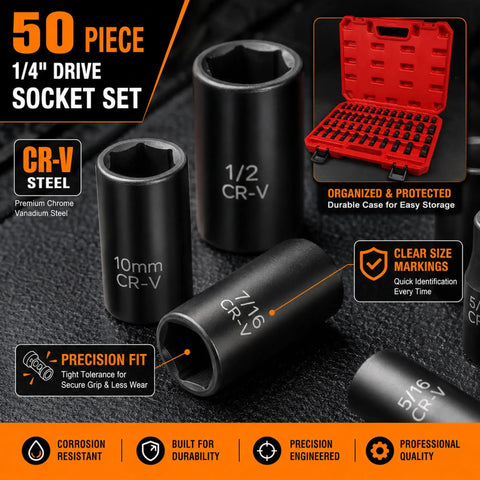Heavy Duty 1/4 Inch Drive Impact Socket Set With 50 Pieces Sae And Metric Deep Shallow 6 Point Cr-V Bits For Auto Motorcycle Repair Plus Household Fixes, 10mm socket and red case