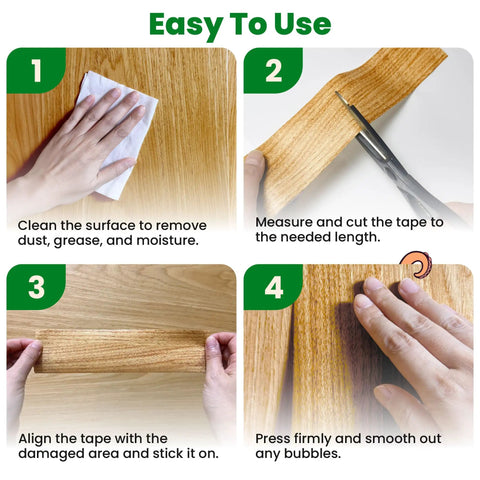 Step-by-step guide to applying Wood Grain Repair Tape For Furniture Self Adhesive Brown Wood Color Peel And Stick Veneer Strips.
