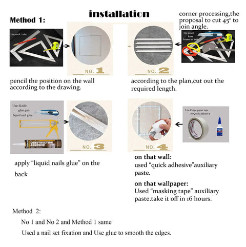 Installation steps for Flexible Door Molding Trim Rope Edge Wall And Cabinet Dope 0.6in X 115in using glue and tape.