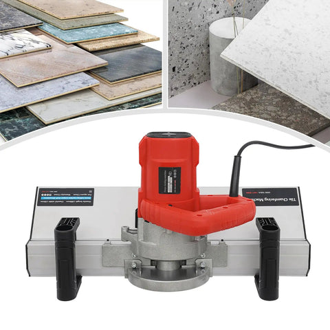 Heavy Duty 1200W Electric Tile Bevel Cutter With Integrated Spray System For Clean 43 Degree Chamfering On Ceramic Tile Built Tough For No Fuss Weekend Warrior Or Pro Cutting - close-up view of the tool with red handle.
