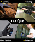 Various uses of Ultra Tough ANSI A9 Cut Resistant Work Gloves With Touchscreen Microfoam Nitrile Coating for carving, fishing, glass handling, delivering.