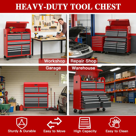 Ultimate 56 Inch Rolling Tool Chest Combo With 18 Drawers, Heavy Duty Steel Cabinet, Built-In Power Outlet, Locking System, And Mobile Wheels