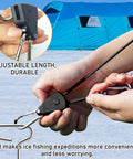 Heavy Duty Ice Anchor Tool Kit For Ice Fishing Shelter Setup With Universal Drill Adapter shown securing ice tent