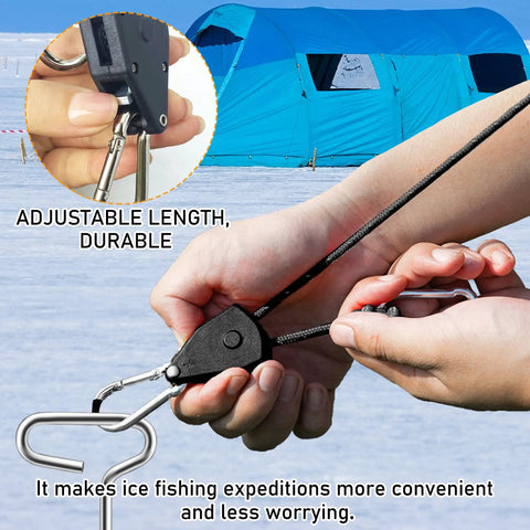 Heavy Duty Ice Anchor Tool Kit For Ice Fishing Shelter Setup With Universal Drill Adapter shown securing ice tent