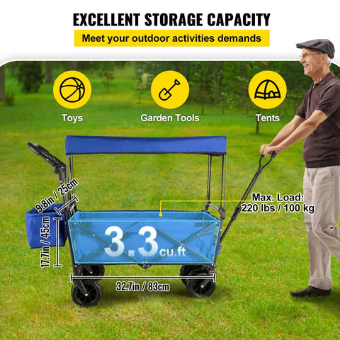 Heavy Duty Collapsible Wagon With Removable Canopy 220 lb capacity foldable beach wagon with big rugged wheels in park setting