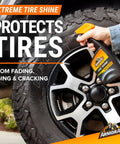 All in One Eight Piece Car Care Kit With Extreme Tire Shine bottle applied to car tire for protection