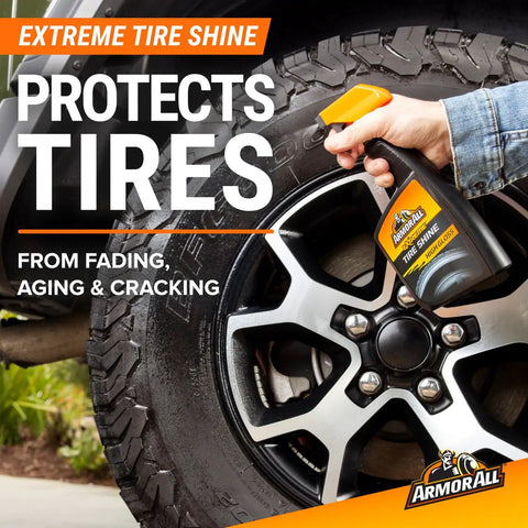 All in One Eight Piece Car Care Kit With Extreme Tire Shine bottle applied to car tire for protection