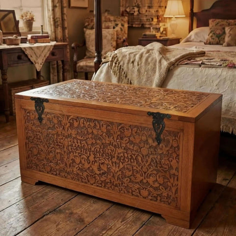 Wooden chest in a bedroom with Set of 4 Antique Cast Iron T Hinges 5.3 Inch Built Tough Heavy Duty Black Powder Coated Flush Mount Hinges