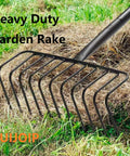 Heavy Duty 16 Inch Metal Garden Rake With 56 Inch Handle And 11 Steel Tines For Thatch Removal And Tough Yard Debris Cleanup Leaves Pine Needles Moss Mulch Yard Work in action on dry grass