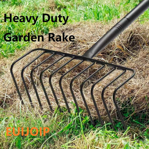 Heavy Duty 16 Inch Metal Garden Rake With 56 Inch Handle And 11 Steel Tines For Thatch Removal And Tough Yard Debris Cleanup Leaves Pine Needles Moss Mulch Yard Work in action on dry grass