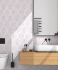 Fresh Dope Geometric Peel And Stick Wallpaper Roll With Killer Matte Stripe Design waterproof vinyl in a stylish bathroom setting.