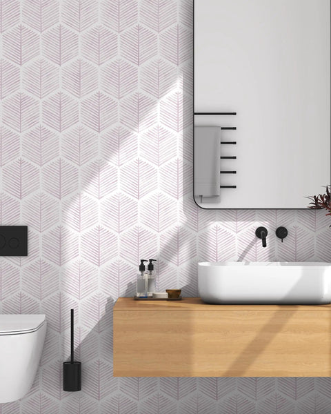 Fresh Dope Geometric Peel And Stick Wallpaper Roll With Killer Matte Stripe Design waterproof vinyl in a stylish bathroom setting.