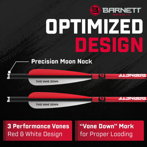 Head Hunter 20 Inch Carbon Crossbow Arrows with red vanes, precision moon nock, and vane down mark for hunting and target practice.