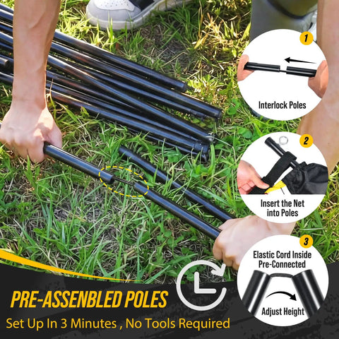 Hands assembling poles for All-In-One Backyard 3-In-1 Net Set For Volleyball Badminton And Pickleball With 17Ft Adjustable Height Net.