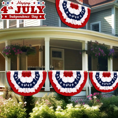 Four Pack 3x6 Ft Extra Large American Flags For Outdoors With Brass Grommets Fourth Of July Decor Red White Blue Pleated Fan Patriot Flags on porch railing and house