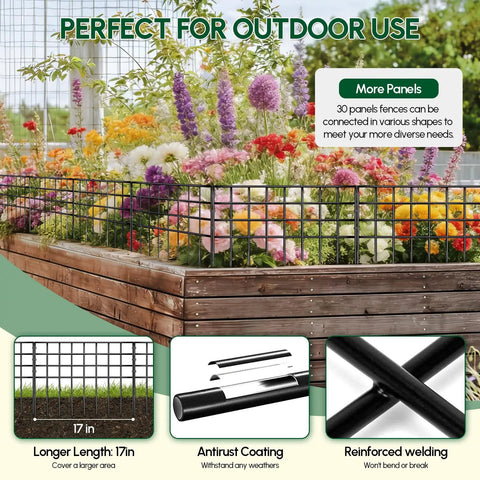 No Dig Garden Fence Panels For Outdoor Yard, 30 Rustproof Metal Barriers, shown as garden edging with flowers in raised bed.