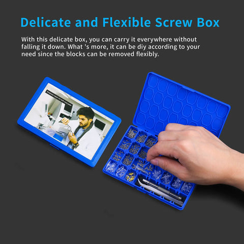 Delicate and flexible screw box with compartments and hand organizing a Magnetic Eyeglass Repair Kit With Compact Case All-In-One Tool Set.