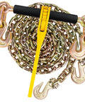 Beefy Heavy Duty G80 Chain Binders Kit With Quarter To Five Sixteenth Inch Chain 10 Ft 2,200 Lbs Working Load 7,800 Lbs Break Strength Tie Down And Towing Ready Rugged Chains And Hooks For Trucks Trailers And Equipment coiled with hooks attached