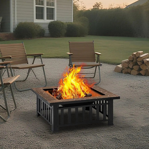32 Inch Fire Pit Table Outdoor Patio Heater Square Metal Stove For Backyard And Garden with fire burning, chairs around