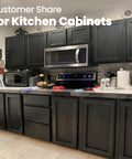 Black Wood Peel And Stick Wallpaper Self Adhesive Contact Paper For Furniture Cabinets And Drawers Easy To Clean Real Wood Grain Finish Film 17.71 In By 78.7 In Great For Kitchen Countertops Desks And DIY Friendly Renovations applied to kitchen cabinets.