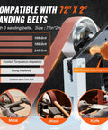 Top Shelf 72X2 Inch Belt Grinder And Sander With Variable Speed Vfd Controls 1500W 2Hp Motor showing sanding belts with grit options and adjusting handle.