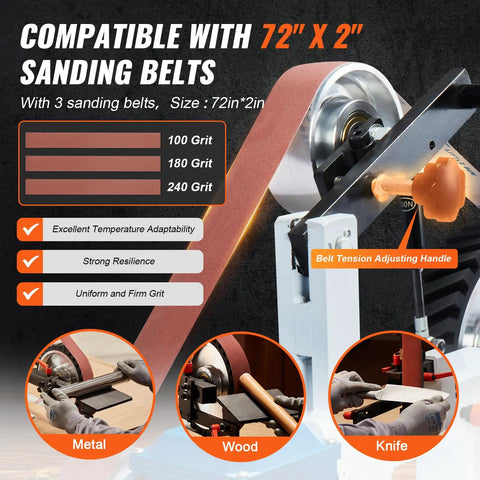 Top Shelf 72X2 Inch Belt Grinder And Sander With Variable Speed Vfd Controls 1500W 2Hp Motor showing sanding belts with grit options and adjusting handle.