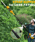 Man using Pro Grade Cordless Pole Hedge Trimmer And Electric Grass Shear Kit for Backyard Bosses with strap support.