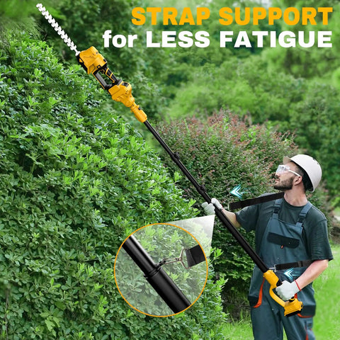 Man using Pro Grade Cordless Pole Hedge Trimmer And Electric Grass Shear Kit for Backyard Bosses with strap support.