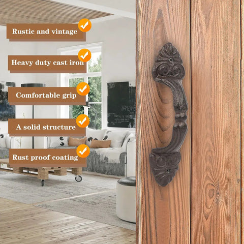Vintage Cast Iron Door Handle Set 2 Pack Built Tough For Farmhouse Style Cabinet Pulls And Sliding Doors Fence Gates Cupboards Durable Antique Brown Finish installed on a wooden door in a rustic interior.