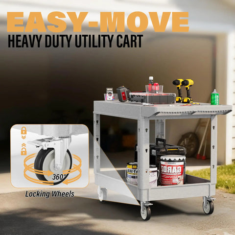 Heavy Duty Utility Rolling Tool Cart With 1000 Lb Capacity, Flat Top Plastic Cart With Two Trays And Easy Rolling Wheels