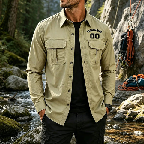 Toolbox Tested Custom Long Sleeve Work Shirt For Men Quick Dry Button Up Mechanic Uniform Personalized Utility Top Heavy Duty Green Wicking Fabric For The Daily Grind, close-up of chest featuring custom name.