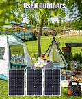 Off Grid Solar Power Kit With 4000W And 6000W Inverter, outdoor camping scene with solar panels and tent setup.