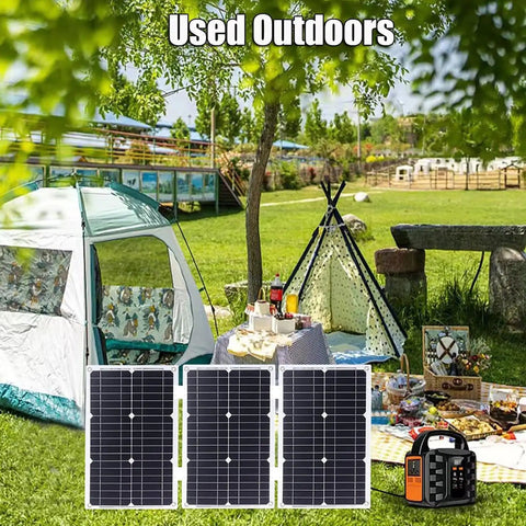 Off Grid Solar Power Kit With 4000W And 6000W Inverter, outdoor camping scene with solar panels and tent setup.