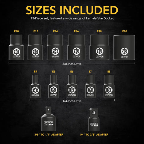 13-Piece Torx Socket Set E4 to E20 with chrome vanadium, heavy-duty storage case, and adapters, product diagram